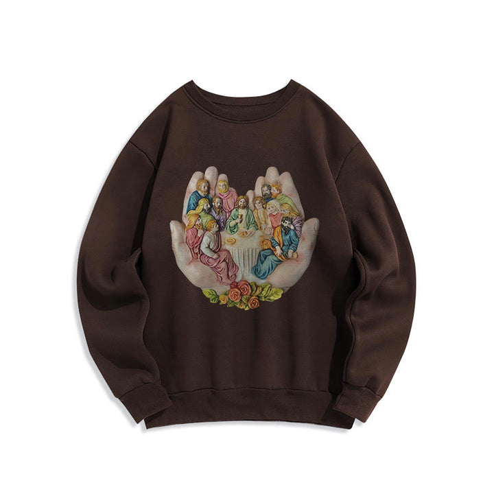 Christianartworkshop Moderner, farbiger Stil „Das letzte Abendmahl in Gottes Händen“ Polyester-Sweatshirt mit Fleecefutter