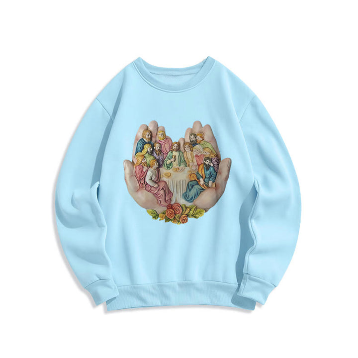 Christianartworkshop Moderner, farbiger Stil „Das letzte Abendmahl in Gottes Händen“ Polyester-Sweatshirt mit Fleecefutter