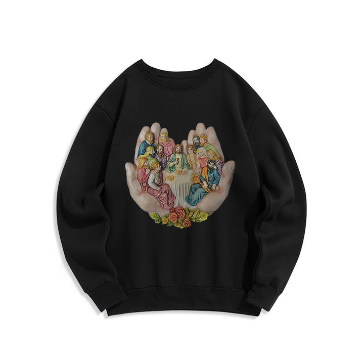 Christianartworkshop Moderner, farbiger Stil „Das letzte Abendmahl in Gottes Händen“ Polyester-Sweatshirt mit Fleecefutter