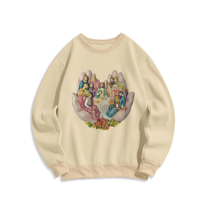 Christianartworkshop Moderner, farbiger Stil „Das letzte Abendmahl in Gottes Händen“ Polyester-Sweatshirt mit Fleecefutter