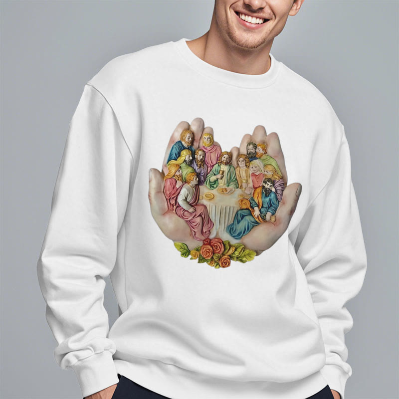 Christianartworkshop Moderner, farbiger Stil „Das letzte Abendmahl in Gottes Händen“ Polyester-Sweatshirt mit Fleecefutter