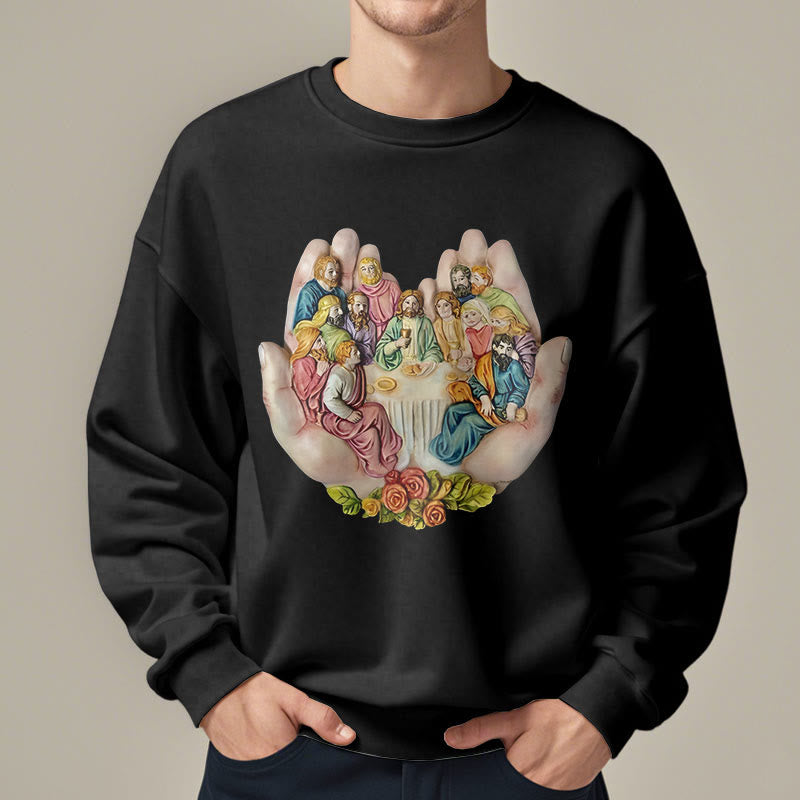 Christianartworkshop Moderner, farbiger Stil „Das letzte Abendmahl in Gottes Händen“ Polyester-Sweatshirt mit Fleecefutter