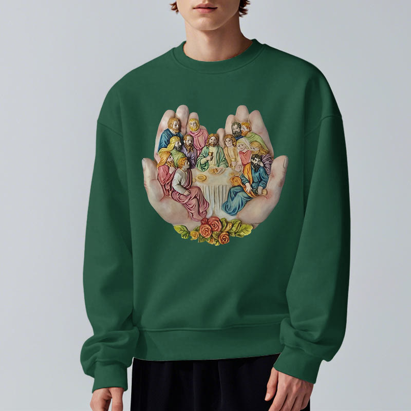 Christianartworkshop Moderner, farbiger Stil „Das letzte Abendmahl in Gottes Händen“ Polyester-Sweatshirt mit Fleecefutter