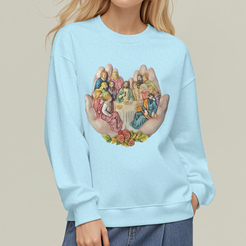 Christianartworkshop Moderner, farbiger Stil „Das letzte Abendmahl in Gottes Händen“ Polyester-Sweatshirt mit Fleecefutter