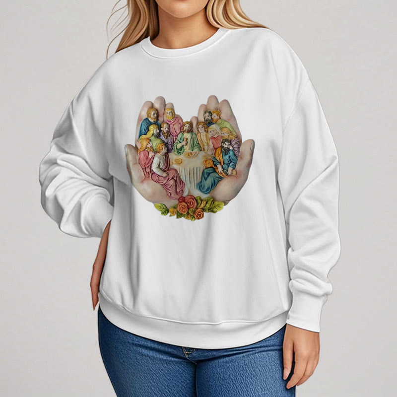 Christianartworkshop Moderner, farbiger Stil „Das letzte Abendmahl in Gottes Händen“ Polyester-Sweatshirt mit Fleecefutter