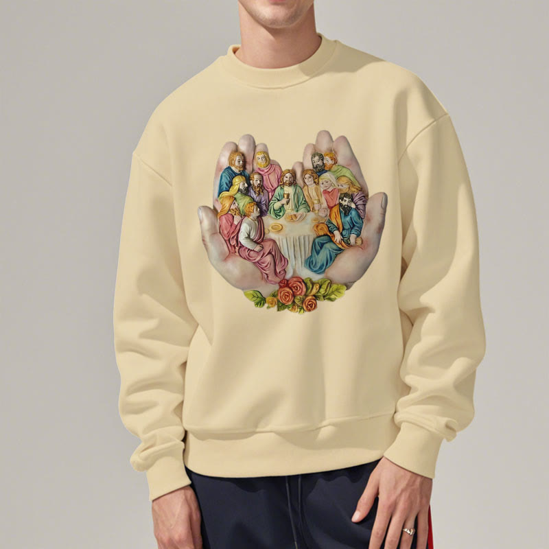 Christianartworkshop Moderner, farbiger Stil „Das letzte Abendmahl in Gottes Händen“ Polyester-Sweatshirt mit Fleecefutter