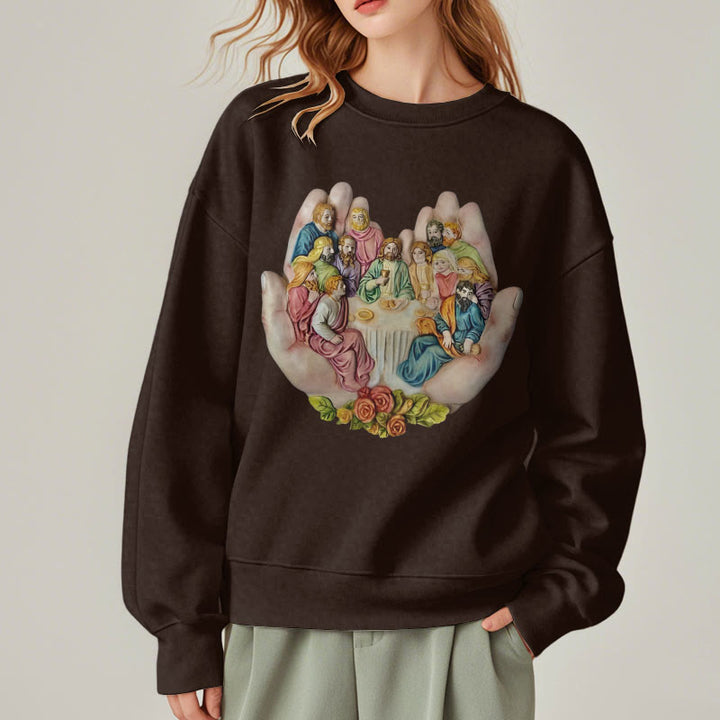 Christianartworkshop Moderner, farbiger Stil „Das letzte Abendmahl in Gottes Händen“ Polyester-Sweatshirt mit Fleecefutter