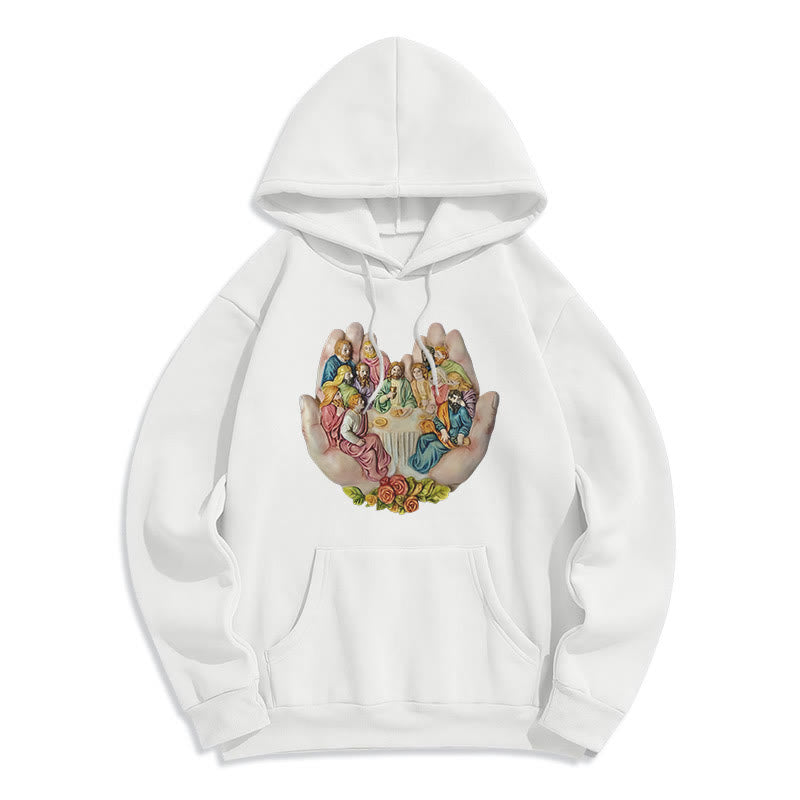 Christianartworkshop Moderner farbiger Stil „Das letzte Abendmahl in Gottes Händen“ Fleecegefütterter Polyester-Kapuzenpullover