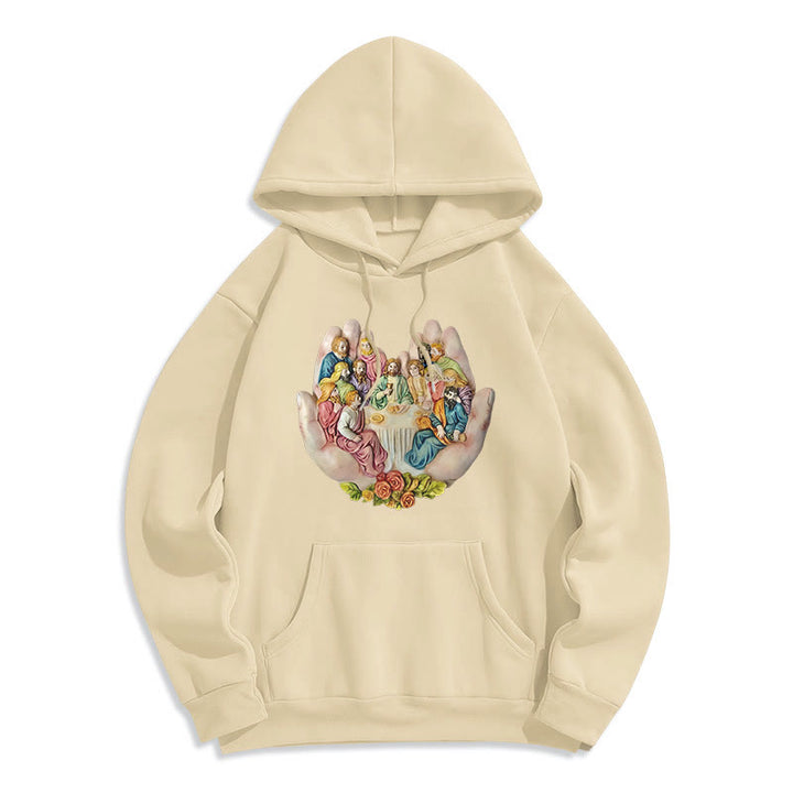 Christianartworkshop Moderner farbiger Stil „Das letzte Abendmahl in Gottes Händen“ Fleecegefütterter Polyester-Kapuzenpullover