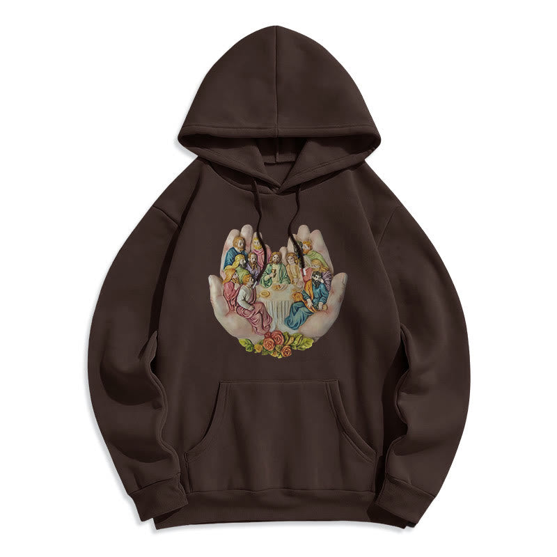 Christianartworkshop Moderner farbiger Stil „Das letzte Abendmahl in Gottes Händen“ Fleecegefütterter Polyester-Kapuzenpullover