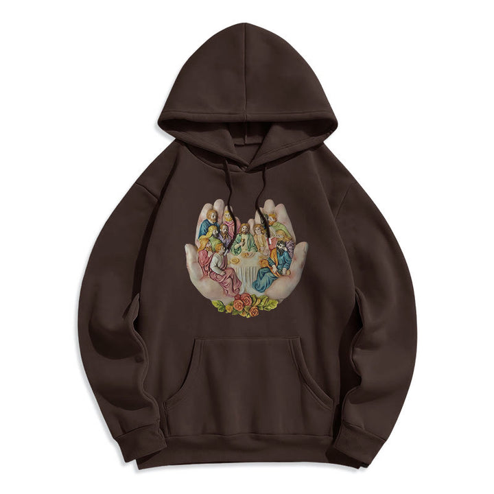 Christianartworkshop Moderner farbiger Stil „Das letzte Abendmahl in Gottes Händen“ Fleecegefütterter Polyester-Kapuzenpullover