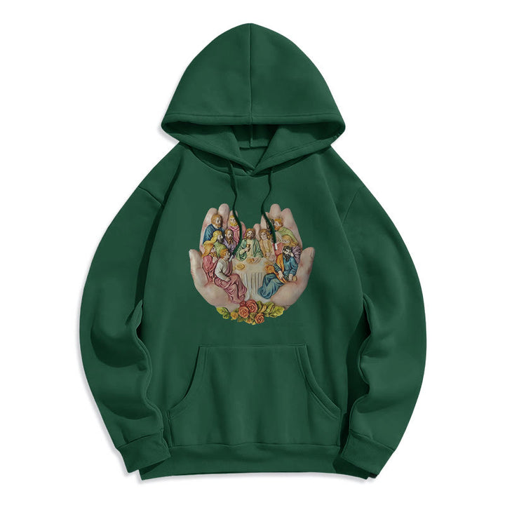 Christianartworkshop Moderner farbiger Stil „Das letzte Abendmahl in Gottes Händen“ Fleecegefütterter Polyester-Kapuzenpullover