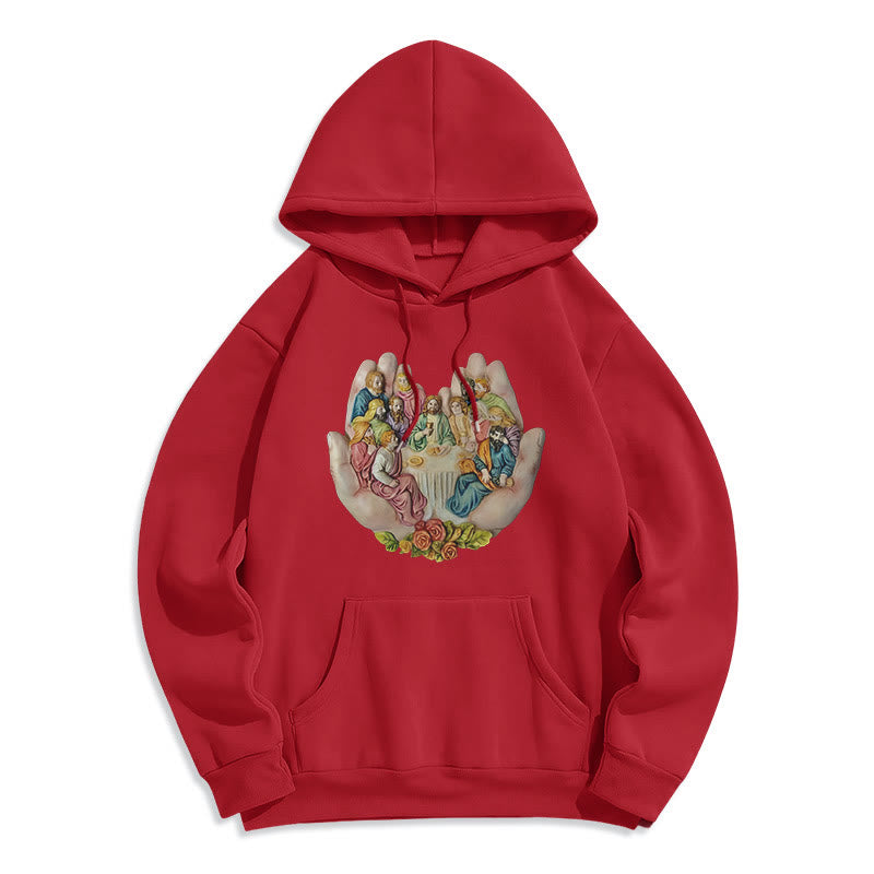 Christianartworkshop Moderner farbiger Stil „Das letzte Abendmahl in Gottes Händen“ Fleecegefütterter Polyester-Kapuzenpullover