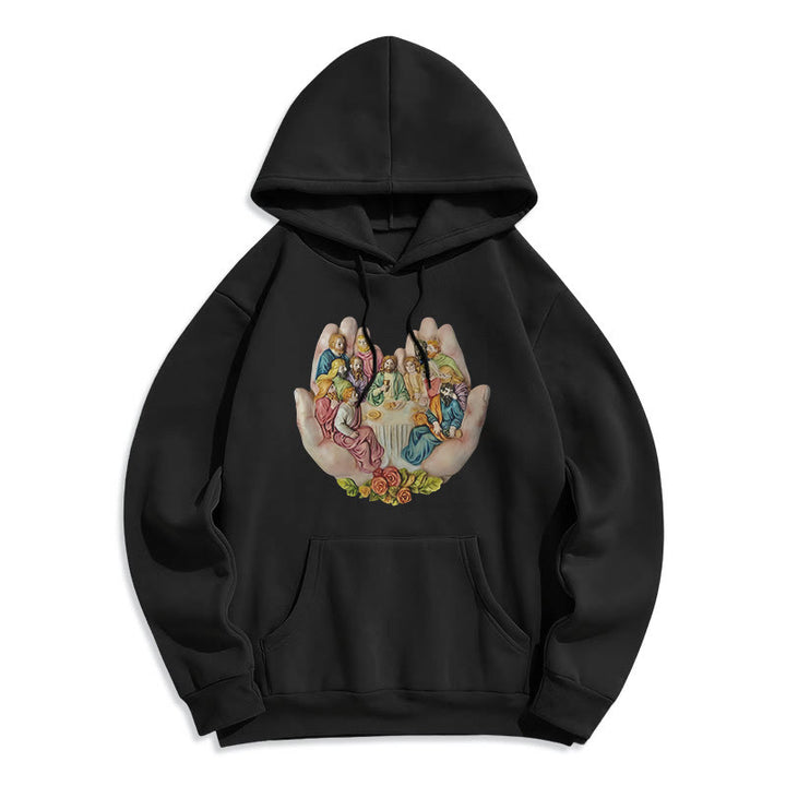 Christianartworkshop Moderner farbiger Stil „Das letzte Abendmahl in Gottes Händen“ Fleecegefütterter Polyester-Kapuzenpullover