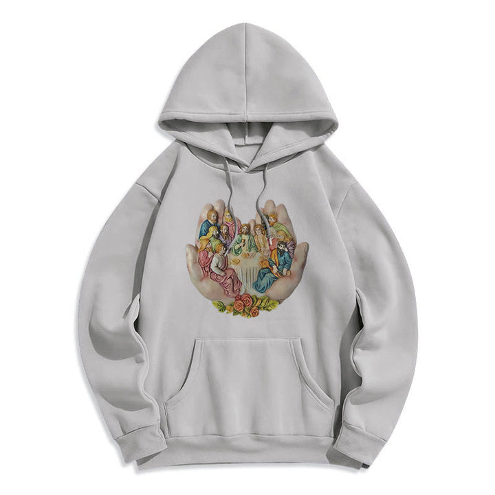 Christianartworkshop Moderner farbiger Stil „Das letzte Abendmahl in Gottes Händen“ Fleecegefütterter Polyester-Kapuzenpullover