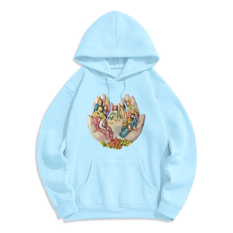 Christianartworkshop Moderner farbiger Stil „Das letzte Abendmahl in Gottes Händen“ Fleecegefütterter Polyester-Kapuzenpullover