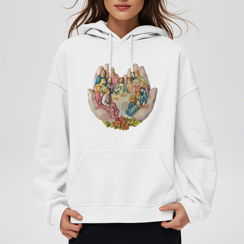 Christianartworkshop Moderner farbiger Stil „Das letzte Abendmahl in Gottes Händen“ Fleecegefütterter Polyester-Kapuzenpullover