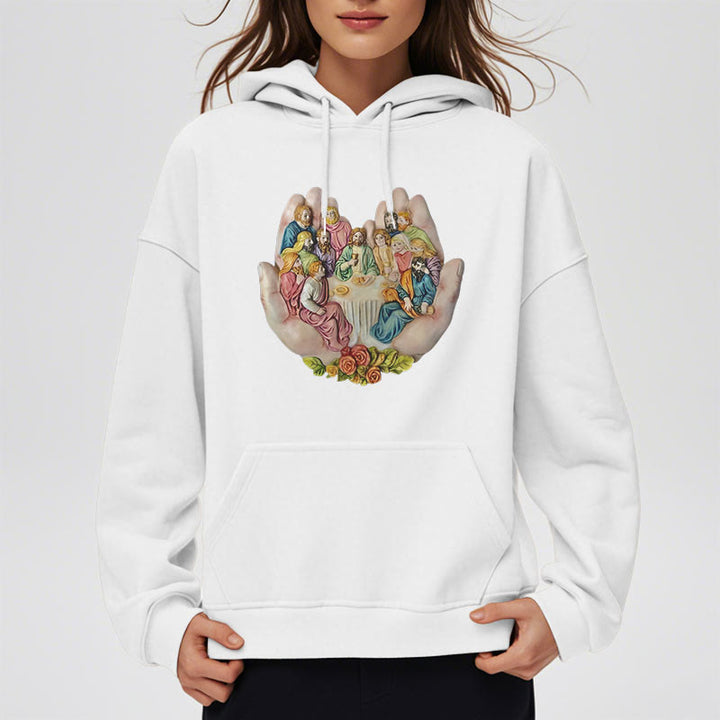 Christianartworkshop Moderner farbiger Stil „Das letzte Abendmahl in Gottes Händen“ Fleecegefütterter Polyester-Kapuzenpullover