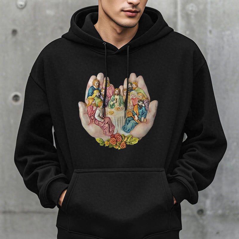 Christianartworkshop Moderner farbiger Stil „Das letzte Abendmahl in Gottes Händen“ Fleecegefütterter Polyester-Kapuzenpullover