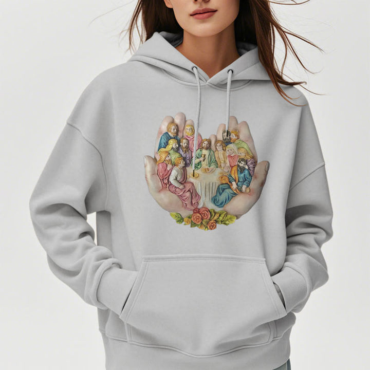 Christianartworkshop Moderner farbiger Stil „Das letzte Abendmahl in Gottes Händen“ Fleecegefütterter Polyester-Kapuzenpullover