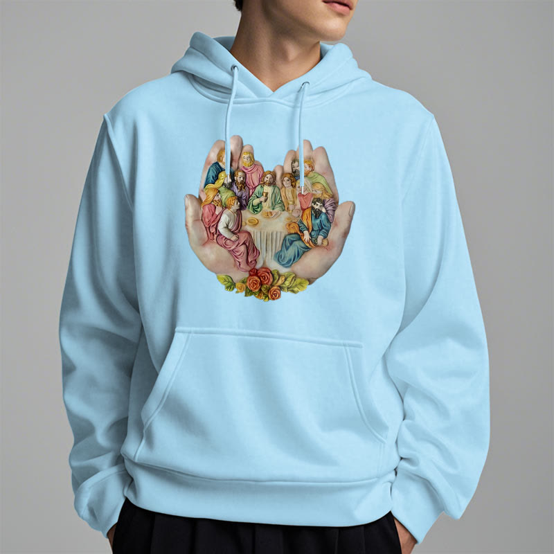 Christianartworkshop Moderner farbiger Stil „Das letzte Abendmahl in Gottes Händen“ Fleecegefütterter Polyester-Kapuzenpullover