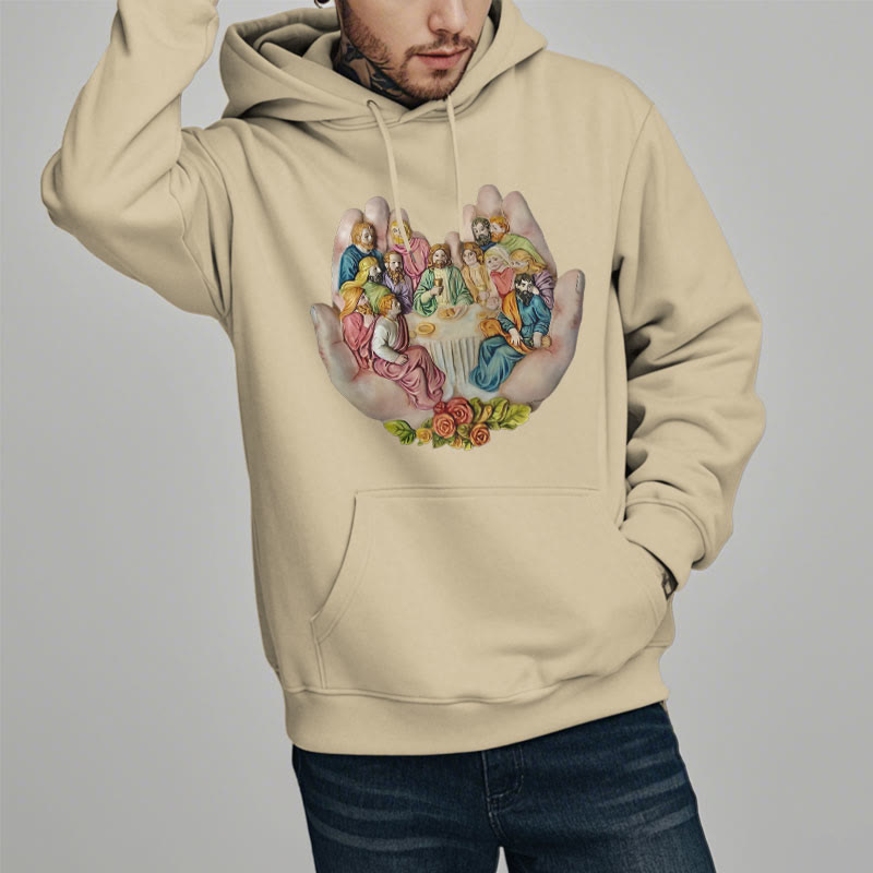 Christianartworkshop Moderner farbiger Stil „Das letzte Abendmahl in Gottes Händen“ Fleecegefütterter Polyester-Kapuzenpullover