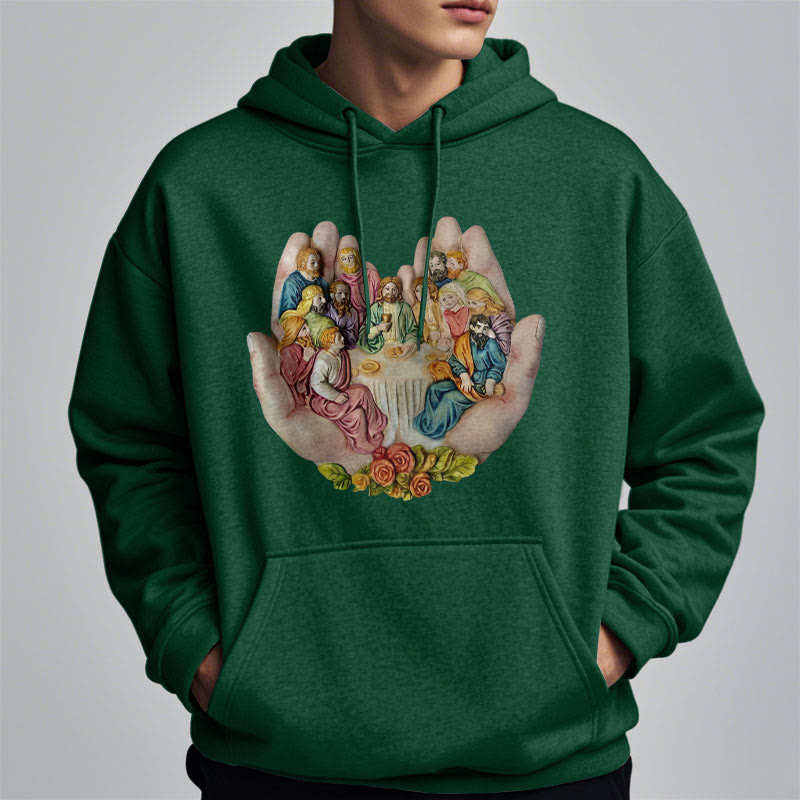 Christianartworkshop Moderner farbiger Stil „Das letzte Abendmahl in Gottes Händen“ Fleecegefütterter Polyester-Kapuzenpullover