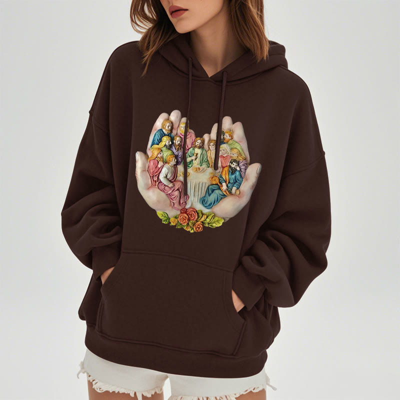 Christianartworkshop Moderner farbiger Stil „Das letzte Abendmahl in Gottes Händen“ Fleecegefütterter Polyester-Kapuzenpullover