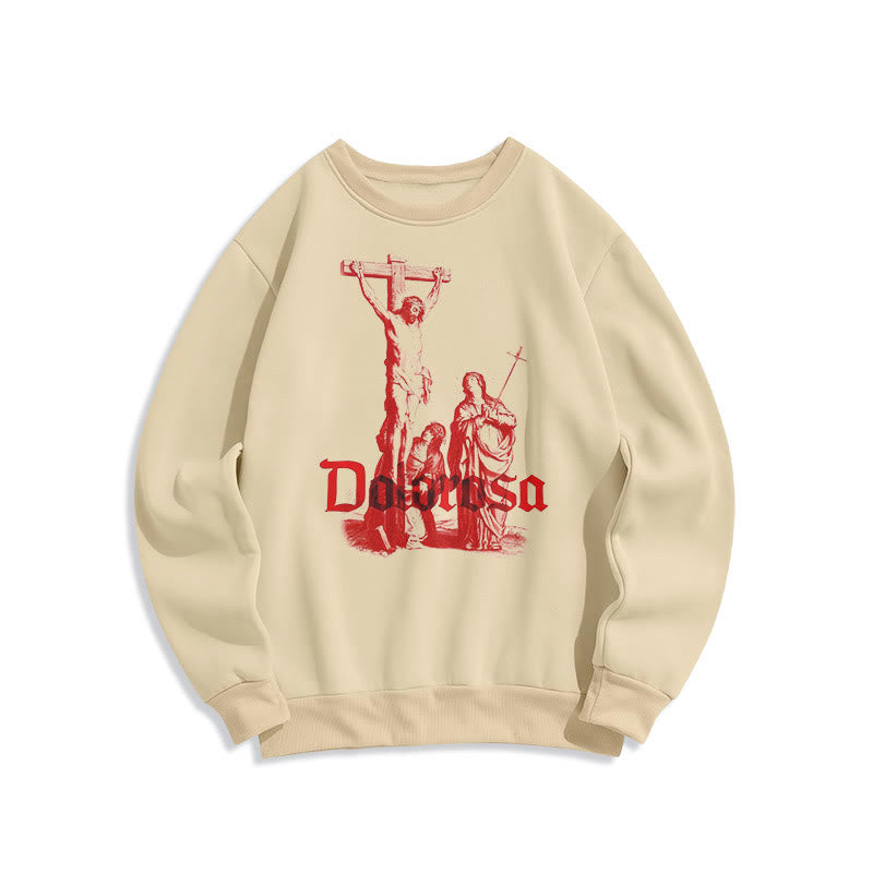Christianartworkshop Sweatshirt im klassischen Stil mit Dolorosa-Kruzifix und Jesus-Heiligem Glauben, mit Fleece gefüttert - Beige - 2XL - image 0