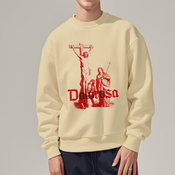 Christianartworkshop Sweatshirt im klassischen Stil mit Dolorosa-Kruzifix und Jesus-Heiligem Glauben, mit Fleece gefüttert