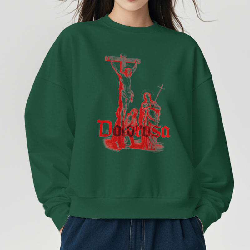 Christianartworkshop Sweatshirt im klassischen Stil mit Dolorosa-Kruzifix und Jesus-Heiligem Glauben, mit Fleece gefüttert