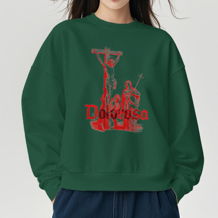 Christianartworkshop Sweatshirt im klassischen Stil mit Dolorosa-Kruzifix und Jesus-Heiligem Glauben, mit Fleece gefüttert