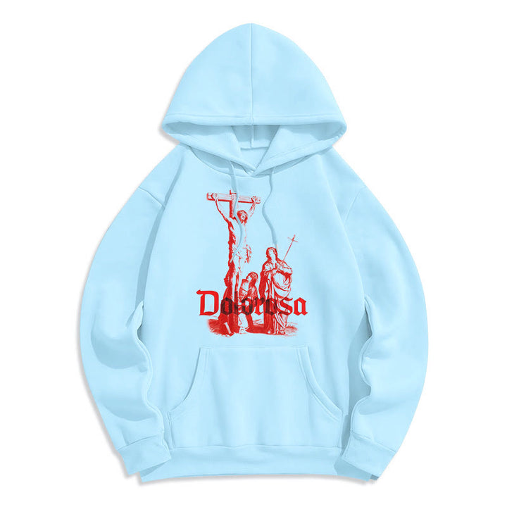 Christianartworkshop Kapuzenpullover aus Polyester im klassischen Stil mit Dolorosa-Kruzifix und Jesus-Heiligem Glauben, mit Fleece gefüttert