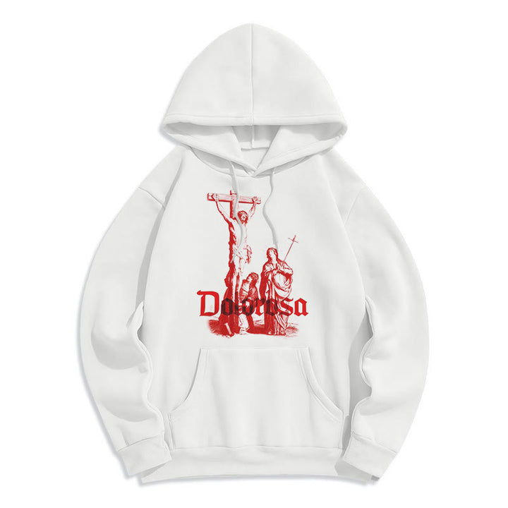 Christianartworkshop Kapuzenpullover aus Polyester im klassischen Stil mit Dolorosa-Kruzifix und Jesus-Heiligem Glauben, mit Fleece gefüttert