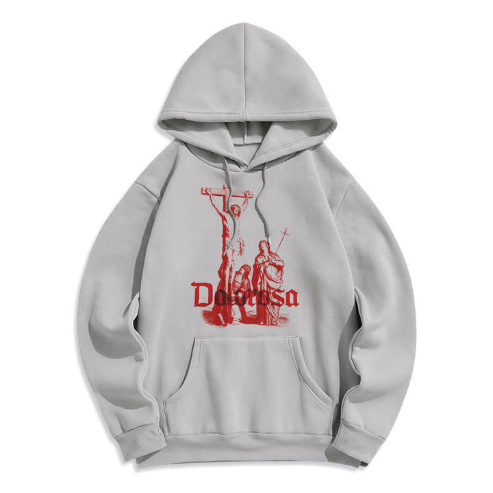 Christianartworkshop Kapuzenpullover aus Polyester im klassischen Stil mit Dolorosa-Kruzifix und Jesus-Heiligem Glauben, mit Fleece gefüttert