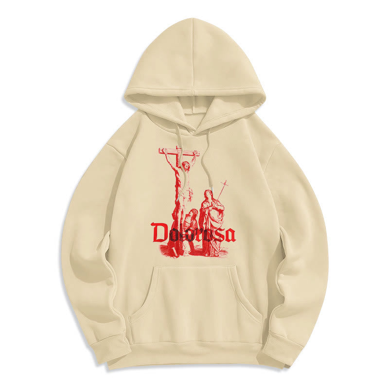 Christianartworkshop Klassischer Dolorosa-Kruzifix-Hoodie mit Jesus-Motiv und Fleece-Futter aus Polyester – Symbol des heiligen Glaubens - Beige - 2XL - image 0