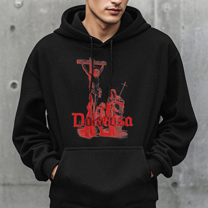 Christianartworkshop Kapuzenpullover aus Polyester im klassischen Stil mit Dolorosa-Kruzifix und Jesus-Heiligem Glauben, mit Fleece gefüttert