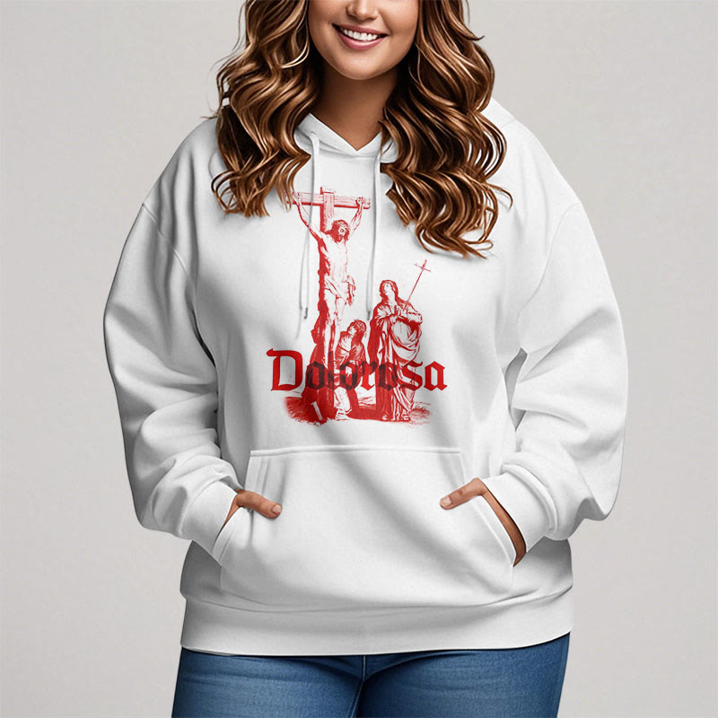 Christianartworkshop Kapuzenpullover aus Polyester im klassischen Stil mit Dolorosa-Kruzifix und Jesus-Heiligem Glauben, mit Fleece gefüttert