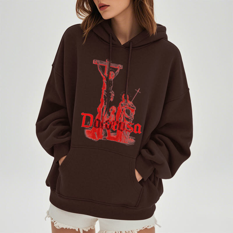 Christianartworkshop Kapuzenpullover aus Polyester im klassischen Stil mit Dolorosa-Kruzifix und Jesus-Heiligem Glauben, mit Fleece gefüttert