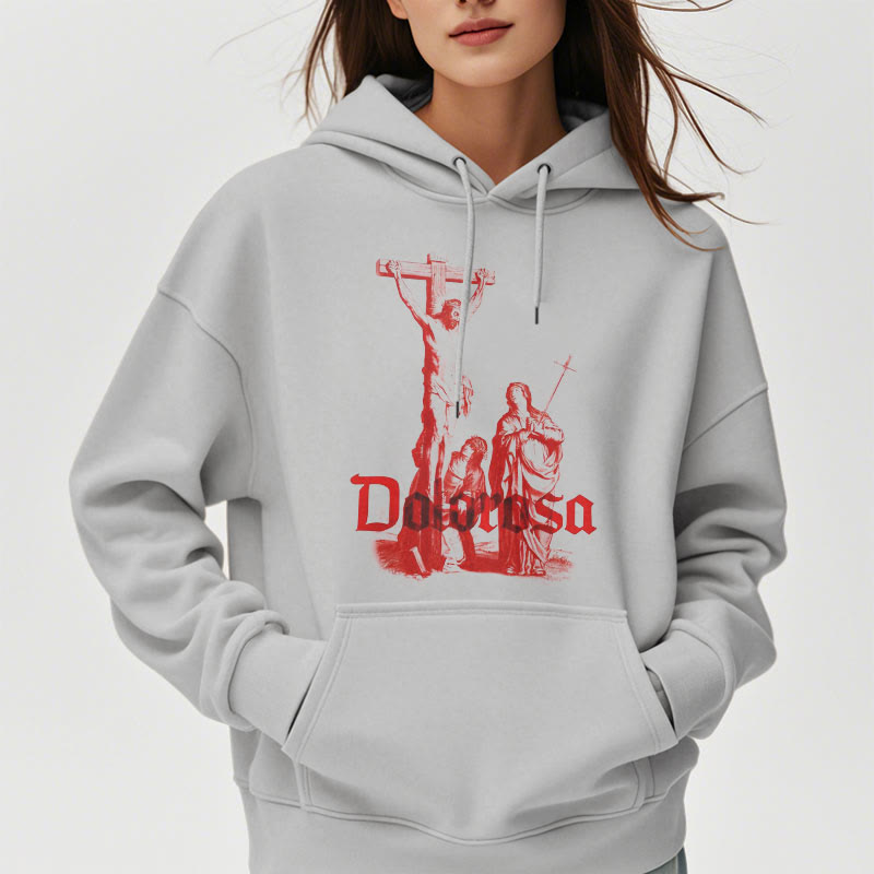Christianartworkshop Kapuzenpullover aus Polyester im klassischen Stil mit Dolorosa-Kruzifix und Jesus-Heiligem Glauben, mit Fleece gefüttert