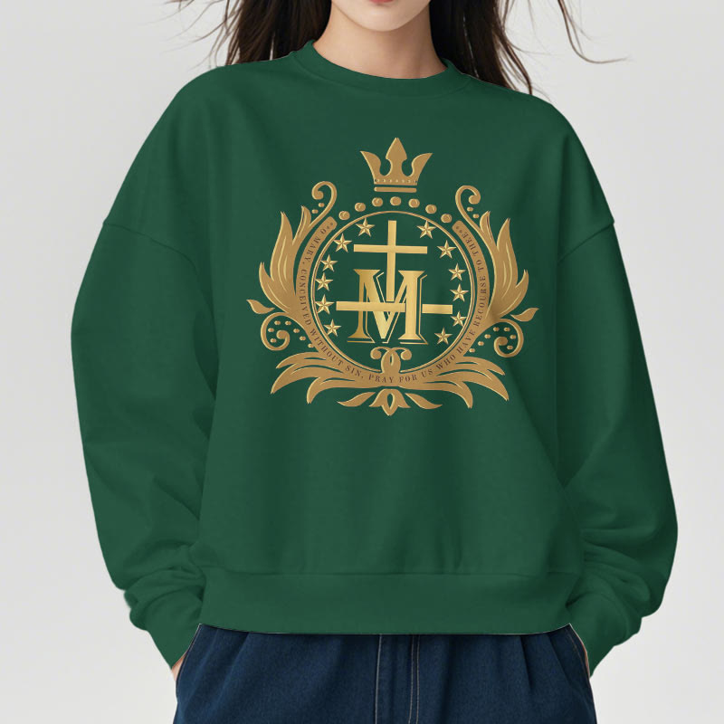 Christianartworkshop Sweatshirt aus Polyester im klassischen Stil mit gekröntem Kreuz und Jungfrau Maria, mit Fleecefutter