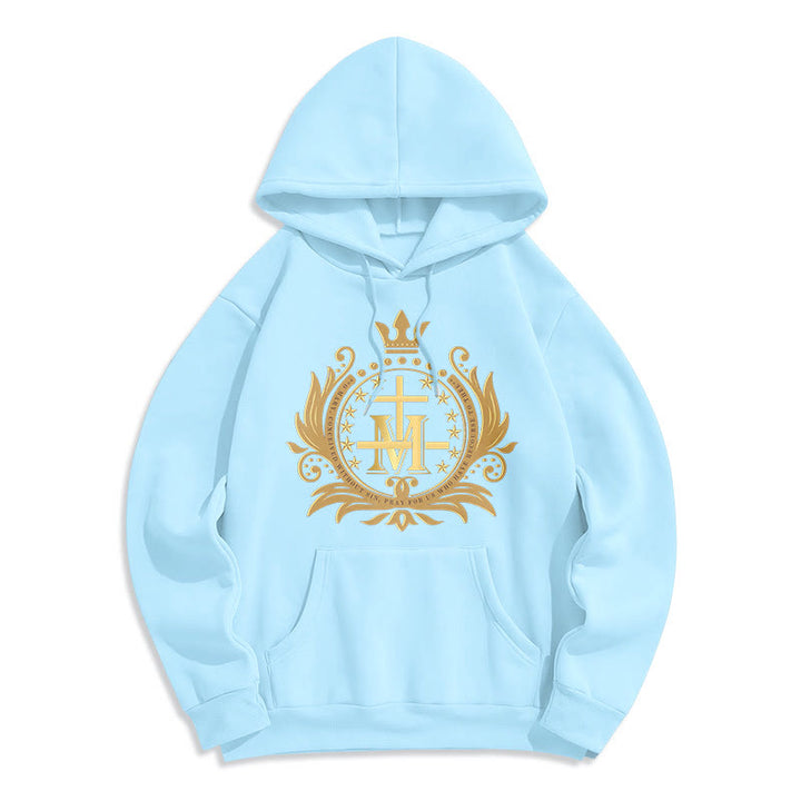 Christianartworkshop Klassischer Hoodie mit gekröntem Kreuz und Jungfrau Maria, gefüttert mit Polyester, Fleece-Futter - Blau - 2XL - image 13