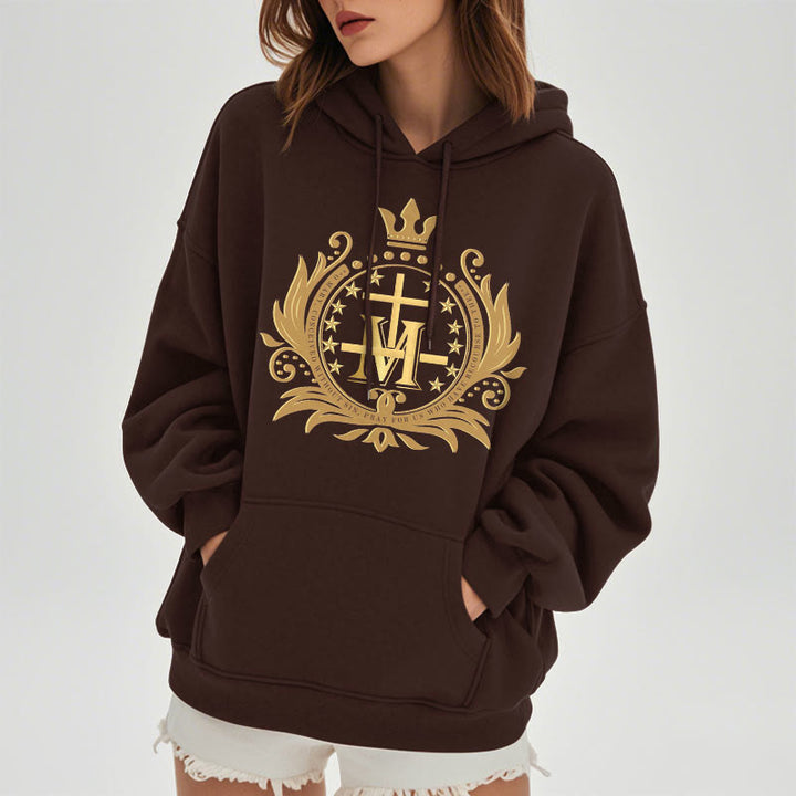 Christianartworkshop Kapuzenpullover aus Polyester im klassischen Stil mit gekröntem Kreuz und Jungfrau Maria, mit Fleecefutter