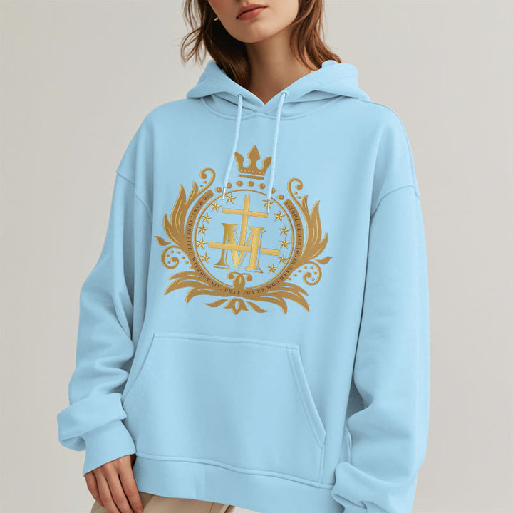 Christianartworkshop Kapuzenpullover aus Polyester im klassischen Stil mit gekröntem Kreuz und Jungfrau Maria, mit Fleecefutter