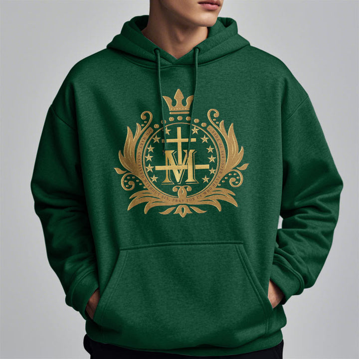 Christianartworkshop Kapuzenpullover aus Polyester im klassischen Stil mit gekröntem Kreuz und Jungfrau Maria, mit Fleecefutter