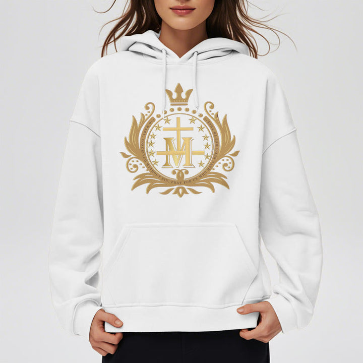 Christianartworkshop Kapuzenpullover aus Polyester im klassischen Stil mit gekröntem Kreuz und Jungfrau Maria, mit Fleecefutter