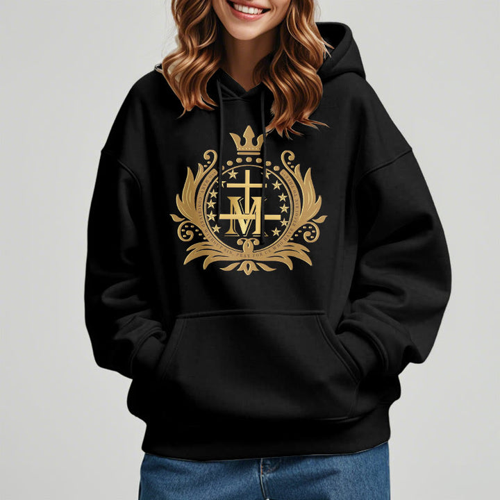 Christianartworkshop Kapuzenpullover aus Polyester im klassischen Stil mit gekröntem Kreuz und Jungfrau Maria, mit Fleecefutter