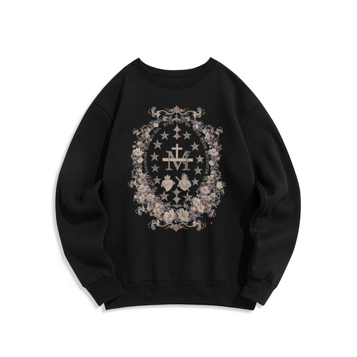 Christianartworkshop Moderner Stil Floral Kreuz Jungfrau Maria Fleece gefüttert Polyester Sweatshirt