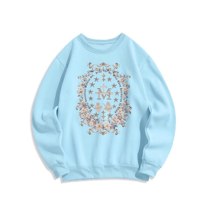 Christianartworkshop Modernes Sweatshirt mit Blumenmuster, Kreuz und Jungfrau Maria, gefüttert mit Polyester, Fleece-Futter - Blau - 2XL - image 12