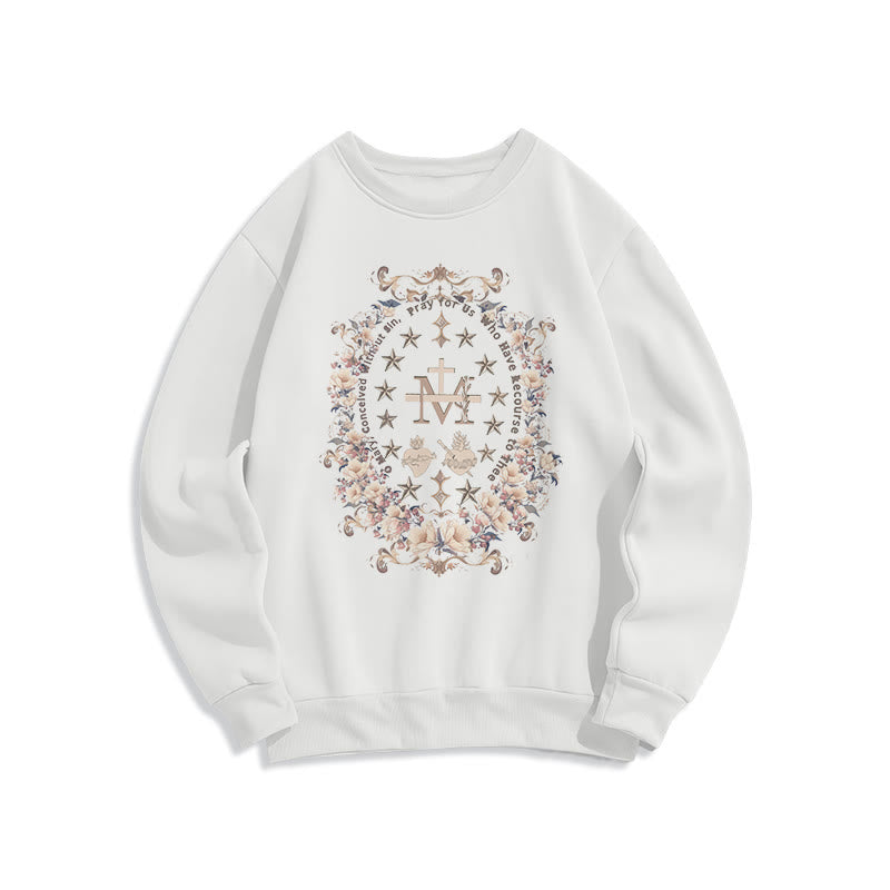 Christianartworkshop Modernes Sweatshirt mit Blumenmuster, Kreuz und Jungfrau Maria, gefüttert mit Polyester, Fleece-Futter - Weiß - 2XL - image 0